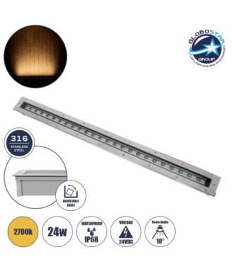 GloboStar® UNDERGROUND-PASSAGGIO 90196 Χωνευτό Φωτιστικό Wall Washer Δαπέδου LED 24W 2160lm 10° DC 24V Αδιάβροχο IP68 με Ρυθμιζόμενη Γωνία Φωτισμού L108 x W9 x H7.5cm Θερμό Λευκό 2700K - Ανοξείδωτο Ατσάλι - 3 Years Warranty